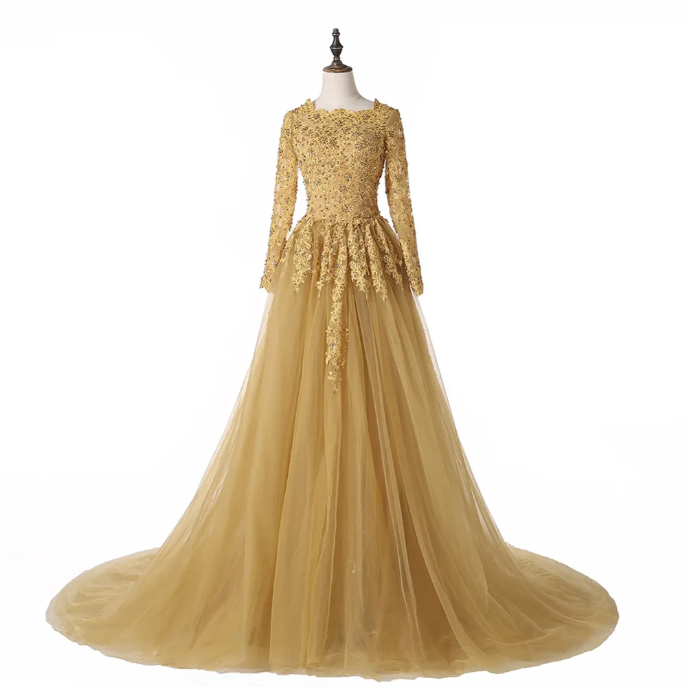 Lace Appliqued And Beaded Long Dresses Gold main image 0