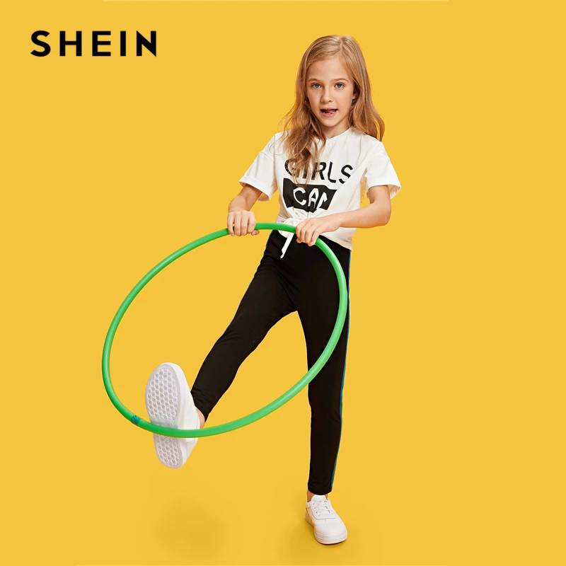 SHEIN/ г.; черные повседневные штаны в радужную полоску с лентой по бокам; леггинсы для девочек; одежда для активного отдыха; брюки с эластичной резинкой на талии; одежда для детей