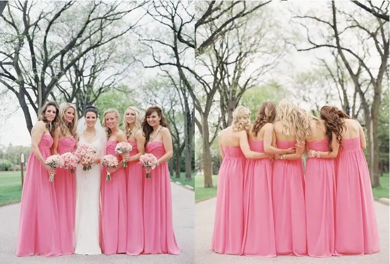 

New Arrival Popular Empire Sweetheart Floor-Length Chiffon Bridesmaid Dresses With Ruffle Pink Wedding Bridesmaid Gowns