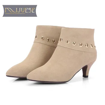 

MLJUESE 2018 women boots kid Suede slip on apricot color rivets pointed toe high heels autumn boots size 42 women ankle boots