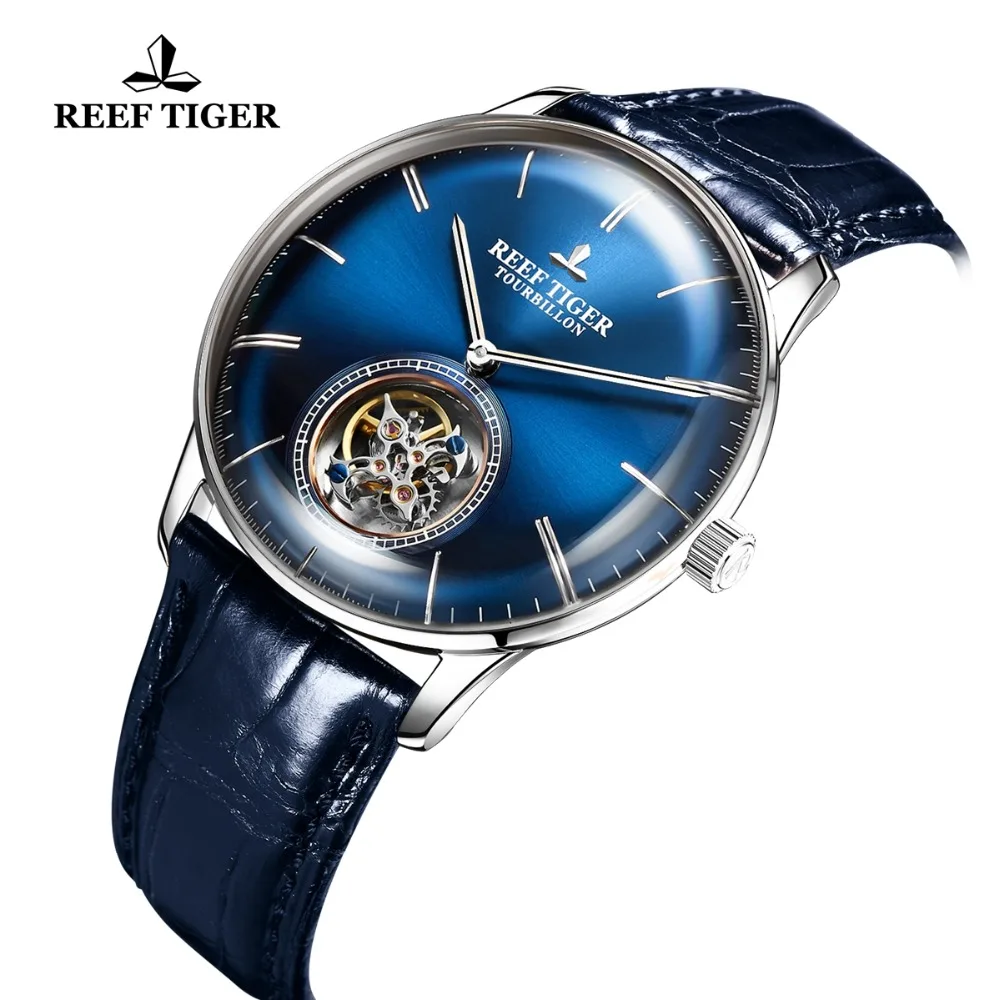 Мужские автоматические механические часы Reef Tiger/RT Blue Tourbillon ремешок из