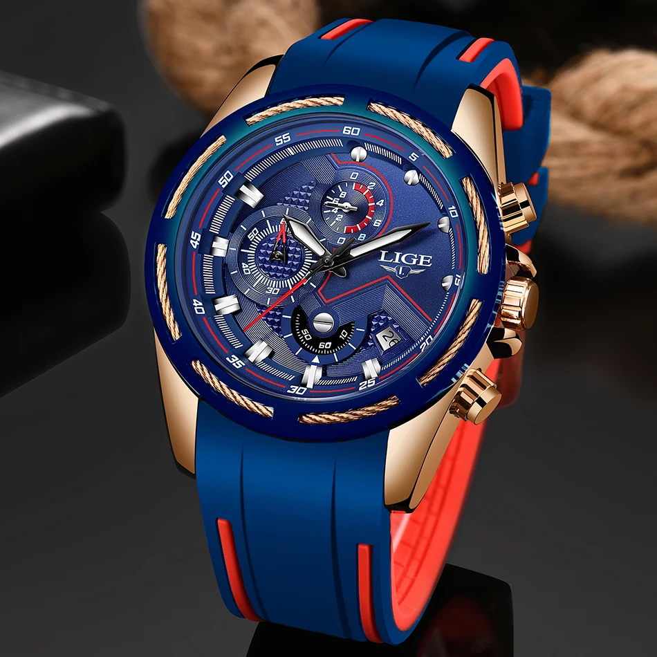 LIGE Для мужчин кварцевые часы модные Водонепроницаемый силиконовый ремешок Хронограф Мужские кварцевые часы Для мужчин Повседневное Дата спортивные часы Relogio Masculino