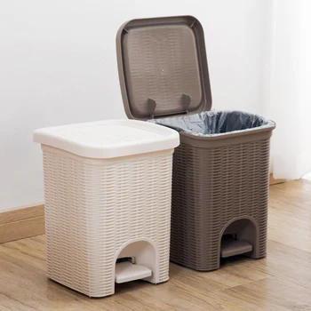 

Imitation Rattan Pedal Trash Can Living Room Small Paper Basket Household Bathroom Kitchen Large Covered Trash