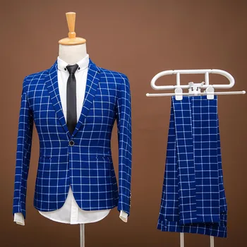 

2017 Fashion Custom Men suits jacket + pants slim blue grid men's Blazers groom wedding clothes Men's wedding Uniforms Marriage