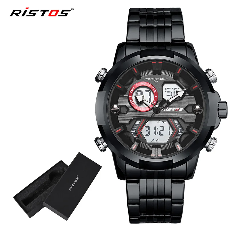 RISTOS Мужские Цифровые Аналоговые наручные часы модные часы Relojes Masculino Hombre многофункциональные мужские спортивные часы с хронографом Новинка 9359 - Цвет: Black Red Box