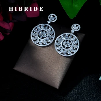 

HIBRIDE Luxury Flower Cubic Zircon Crystal CZ Long Dangle Earrings for Women African Bridal Earring aretes de mujer modern E-89