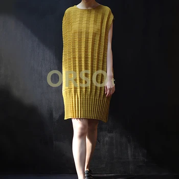 

Changpleat 2019 Summer New Women Loose Dress Miyak Pleated Fashion Design Short sleeve O-neck Solid Large Size Female Dress Tide