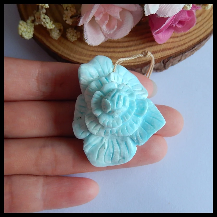 

Natural stone Larimar Carved flower fashion jewelry necklace Pendant,43x34x21mm,23.4g