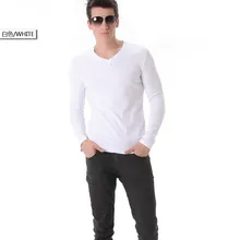 Новая мужская модная белая футболка с длинным рукавом и низким v-образным воротником, хлопковая футболка
