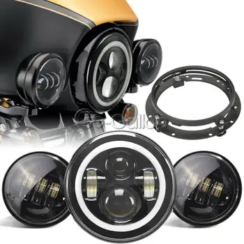 

7" LED Projector Motorcycle Headlight Halo Ring + 4.5" Black Passing Light + Mount Ring For Harley Electra Glide Softail Touring