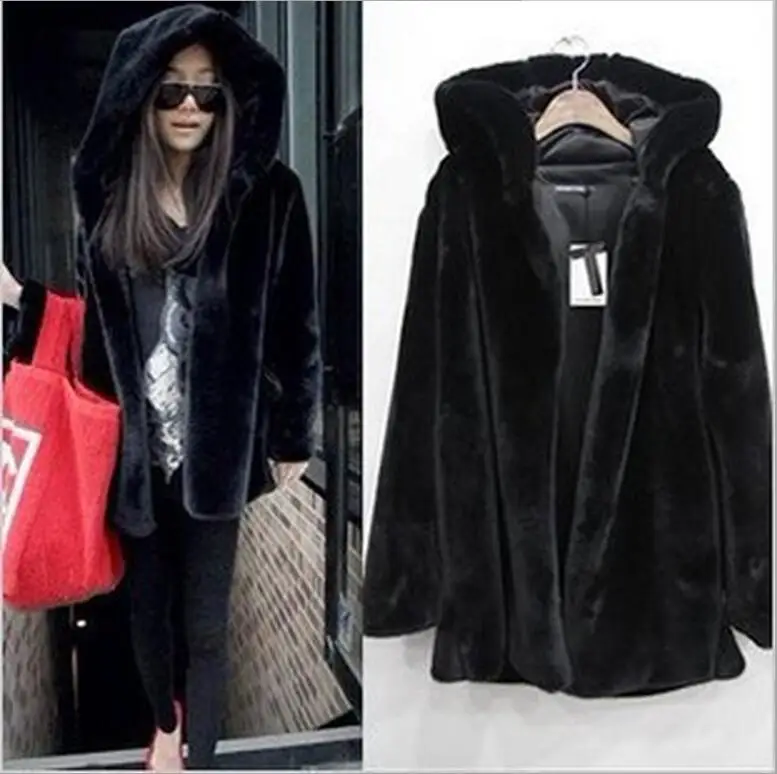 Пальто из искусственного меха с капюшоном женские зимние куртки S-3XL Плюс Размер мех норки пальто из искусственного меха Casaco De Pele BF314 - Цвет: Черный