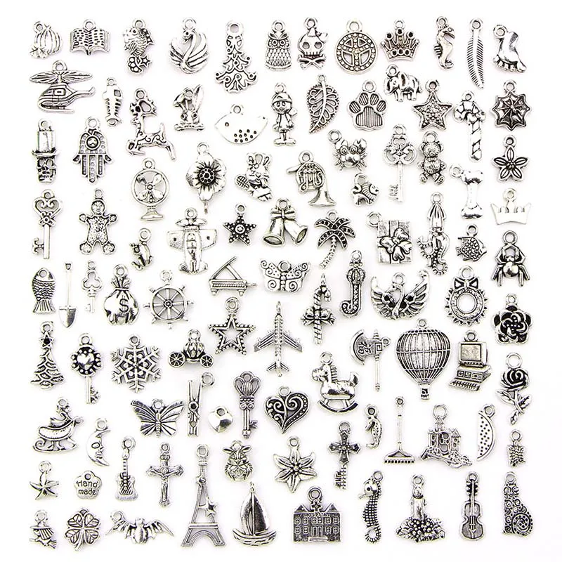 

100 Pcs/Set Lots Tibetan Silver Mixed Styles Charms Pendants DIY Jewelry For Necklace Bracelet Making Accessaries