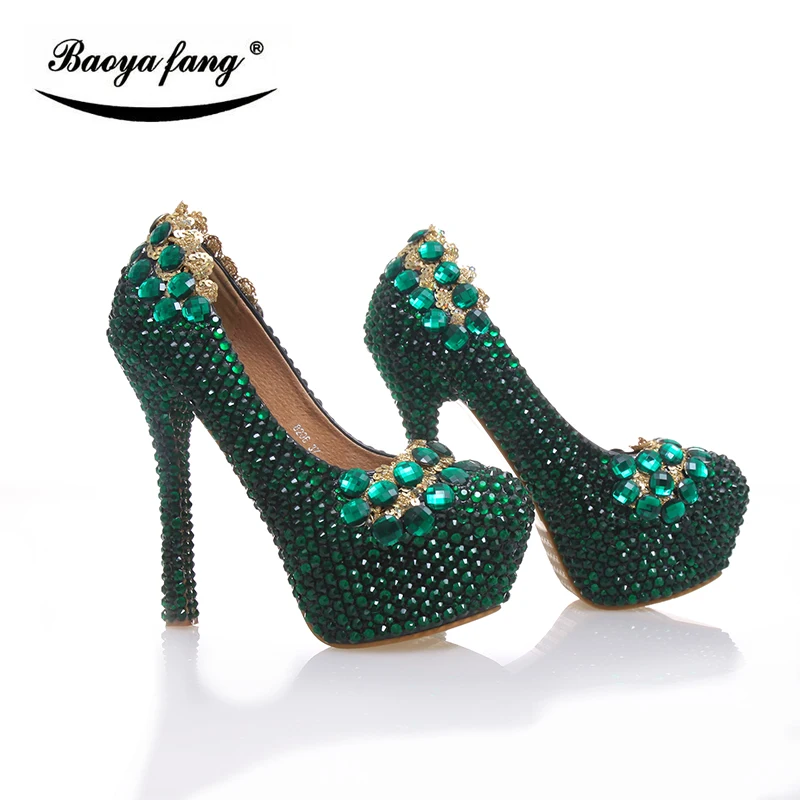 New arrival 2017 Womens Wedding shoes Green crystal high heels platform shoes Real leather insole woman party dress shoes