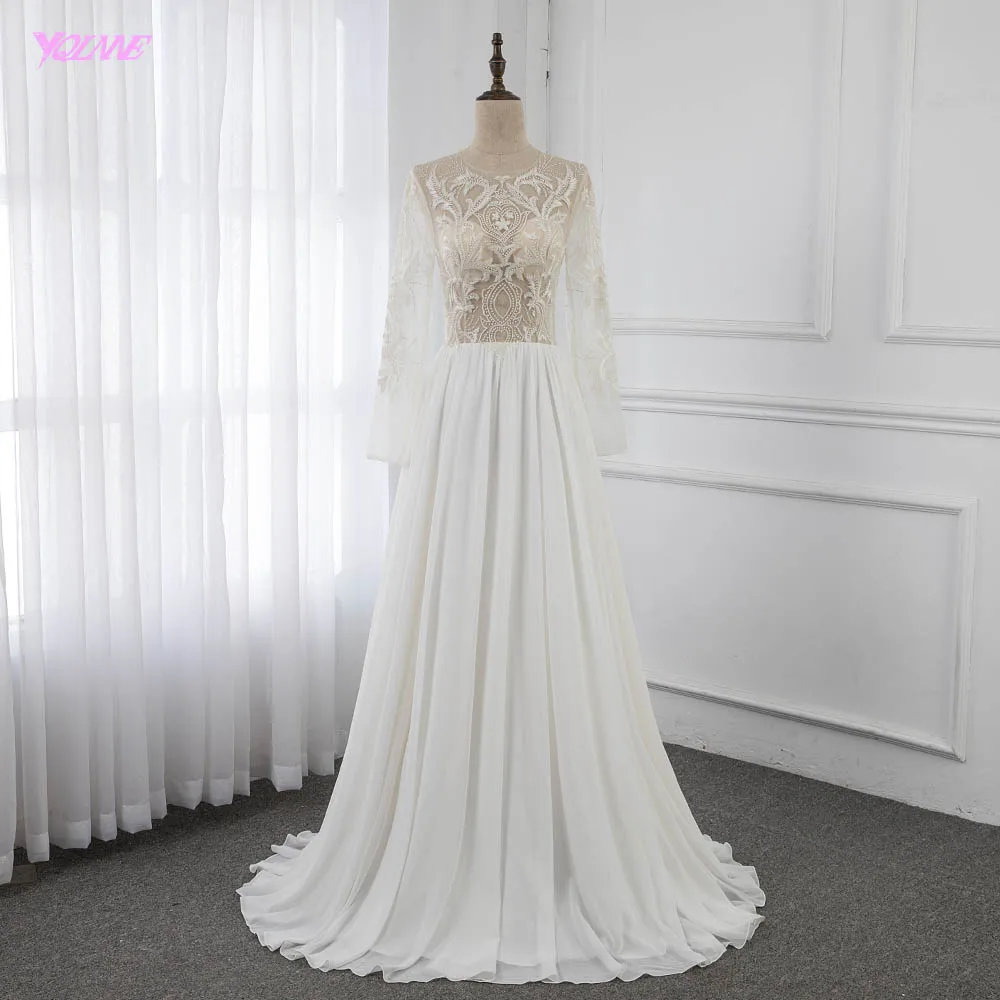 Sexy See Through Full Sleeve Wedding Dress Embroidered Crepe Floor Length Vestido De Noiva YQLNNE