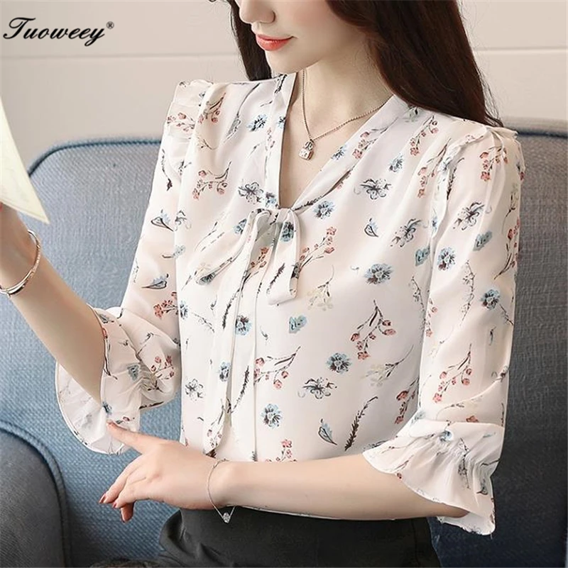Blusas Feminina 2018 Deep V Neck Floral bow elegant Casual