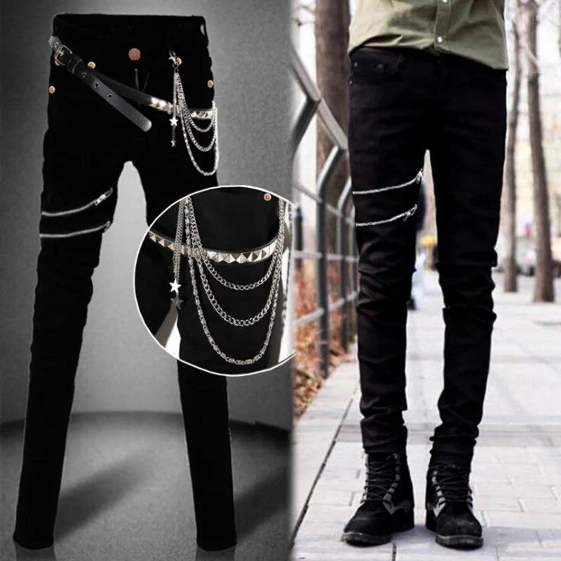Мужские черные джинсы в стиле панк в стиле хип-хоп узкие джинсовые штаны в байкерском стиле с заклепками для певицы для сцены, рваные обтягивающие джинсы с ремнями и цепочками - Цвет: asian size 402