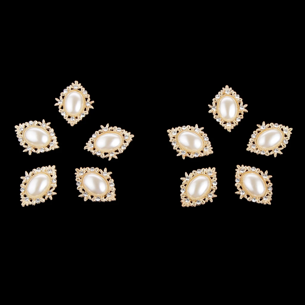 Phenovo 10 Pearl Oval Rhinestone Button Flatback Embellishment Craft Gold