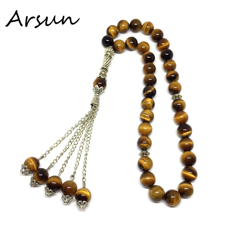 

2019 8mm Tiger Eyes Natural Stone 33 Prayer Beads with Alloy Tassel Islamic Muslim Tasbih Allah For Men&Women