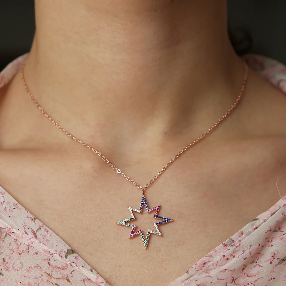 

2018 SUMMER new beach jewelry sun burst with colorful rainbow cubic zirconia mix color stone rose gold elegant summer necklace