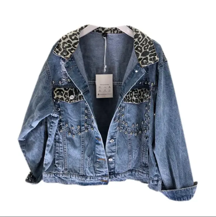

2019 spring new rivet leopard turn down collar hole loose denim long sleeve coat female jean coat 1913