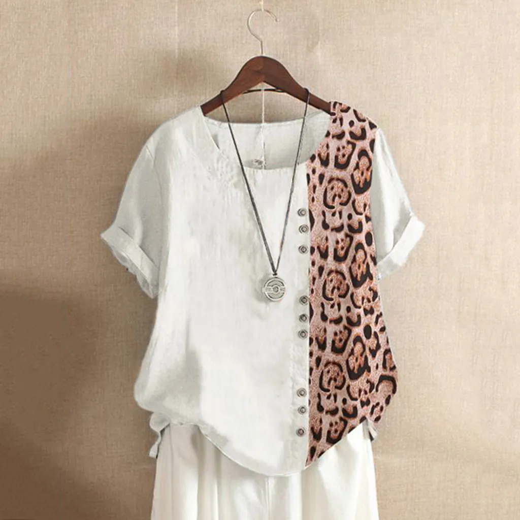 

Feitong Women Leopard Print Patchwork Shirt Plus Size O-Neck Loose Button Tunic Shirt Blouse Girl Tops Blusas Mujer De Moda 2019