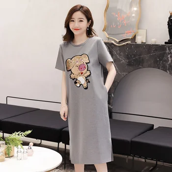 

2019 Korean version of the new fashion sequin split loose dress cotton T-shirt cartoon wild pregnancy skirt