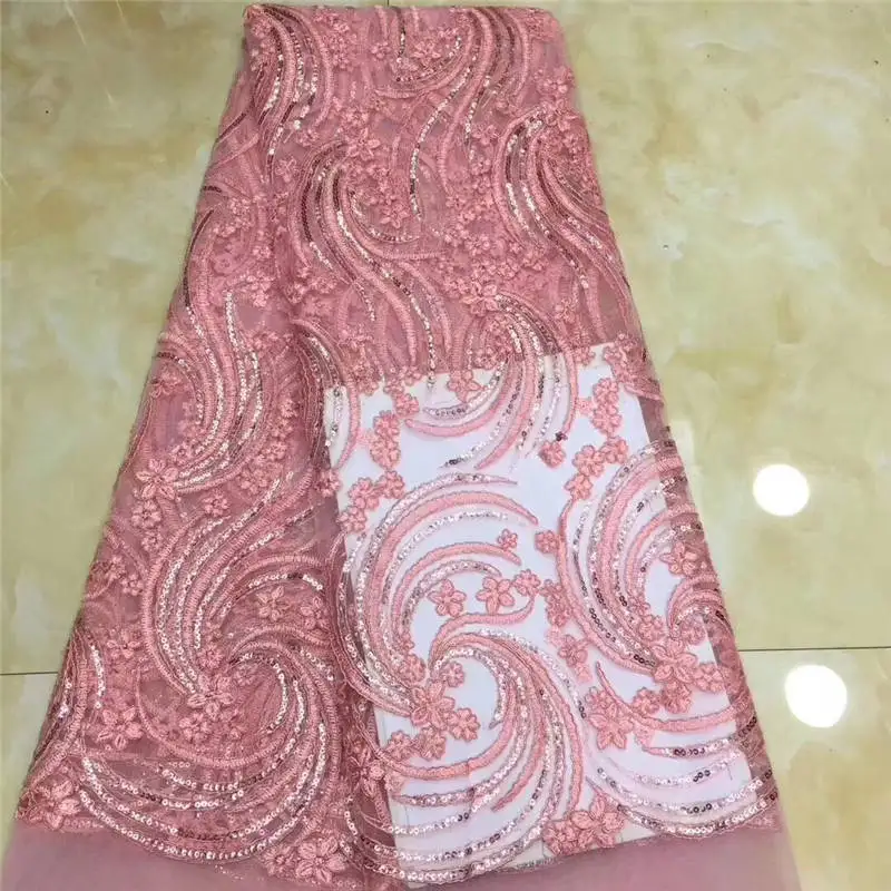 

High Quality 2019 Watermelon Red Lace Fabric Fabric with Sequins French Mesh Lace Fabrics African Tulle Lace for Party Dress
