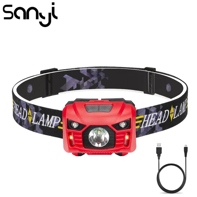 SANY Adjustable Headlight USB Rechargeable Built-in Battery Headlamp Super Bright Flashlight Forehead Sensor Button Lamp