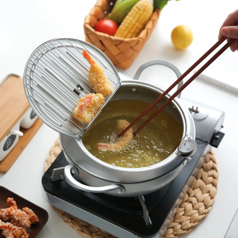 

Japanese Style Deep Frying Pot Thermometer Tempura Fryer Pan Temperature Control Fried Chicken Pot Cooking Tools Kitchen Utensil