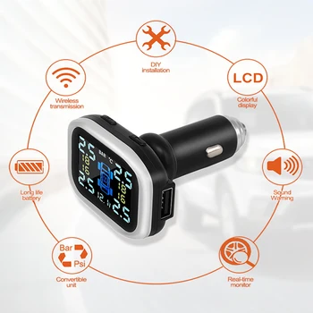 

Car TPMS Cigarette Lighter Plug USB Tire Pressure Monitoring System 4 External Sensor LCD Display Tyre Detector For Honda 5
