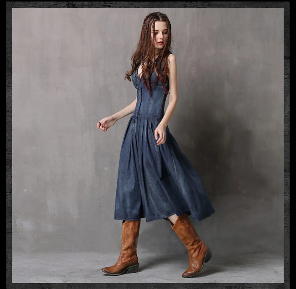 Vintage Summer Deep V-Neck Dress 2018 Boho New Denim Women Dresses Sleeveless A-line Swing Hem Sundresses Vestidos Femininas (12)