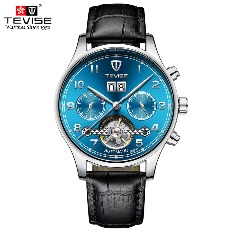 TEVISE تقويم الرجال الساعات التلقائي الميكانيكية ووتش رجل توربيون الرياضة ساعة ساعات جلد الأعمال ريترو ساعة اليد