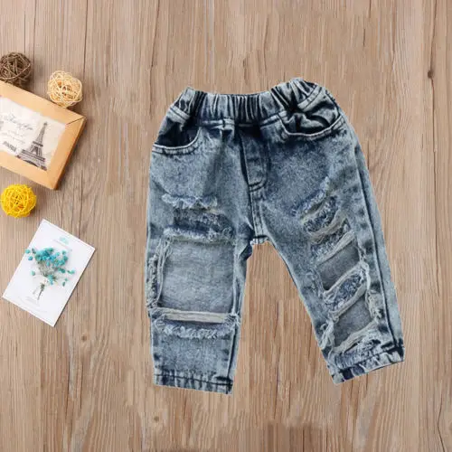 Дети детская модная одежда для девочек джинсовые штаны стрейч лосины джинсы Рваные одежда для маленьких девочек От 1 до 5 лет