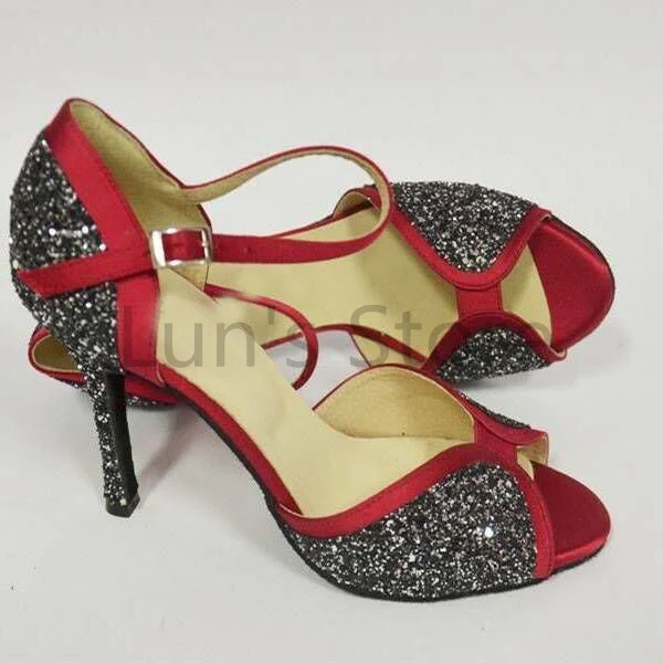 New Ladies Red Satin and Colorful Glitter Latin Salsa Dance Shoes Tango