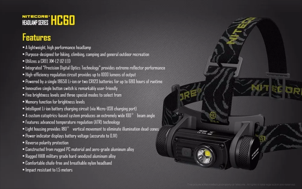 NITECORE HC60 налобный светильник CREE XM-L2 U2 светодиодный Макс. 1000 люмен световой луч 117 м зарядка через usb налобный фонарь для спорта на открытом воздухе головной светильник