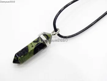 

Natural Rhyolite Gems Stones Hexagonal Pointed Healing Reiki Chakra Pendant Black Real Leather Cord Necklace18''lnch 5 Sets/Pack