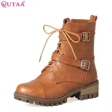 QUTAA/ г. Новые женские ботильоны модные женские универсальные мотоботы из искусственной кожи на шнуровке и с пряжкой размеры 34-43
