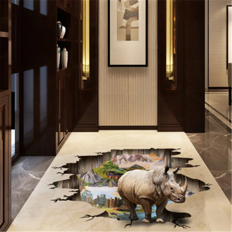 

3D Animal World Wall Sticker Home Decor Rhinoceros Floor Sticker Living Room Bedroom Wall Decals Sticker Mural Art Muurstickers