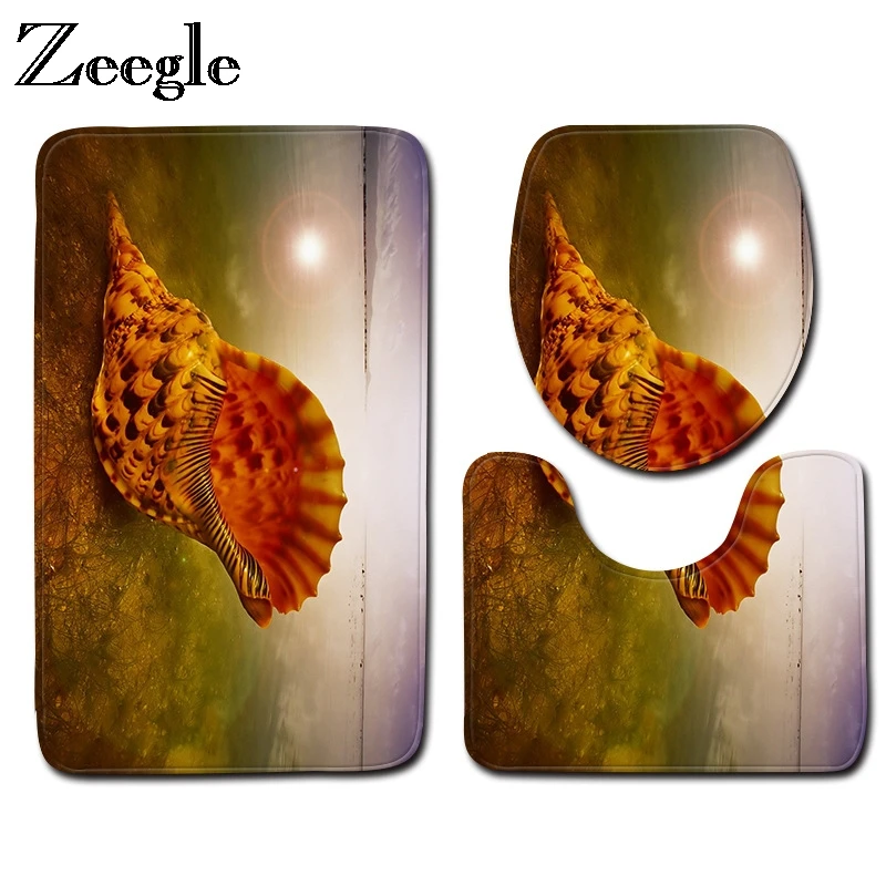 Zeegle Shell Printed Bath Mat 3Pcs Carpet For Bathroom Non-slip Bathroom Floor Mats Bath Rugs Absorbent Bathroom Mat Toilet Rugs