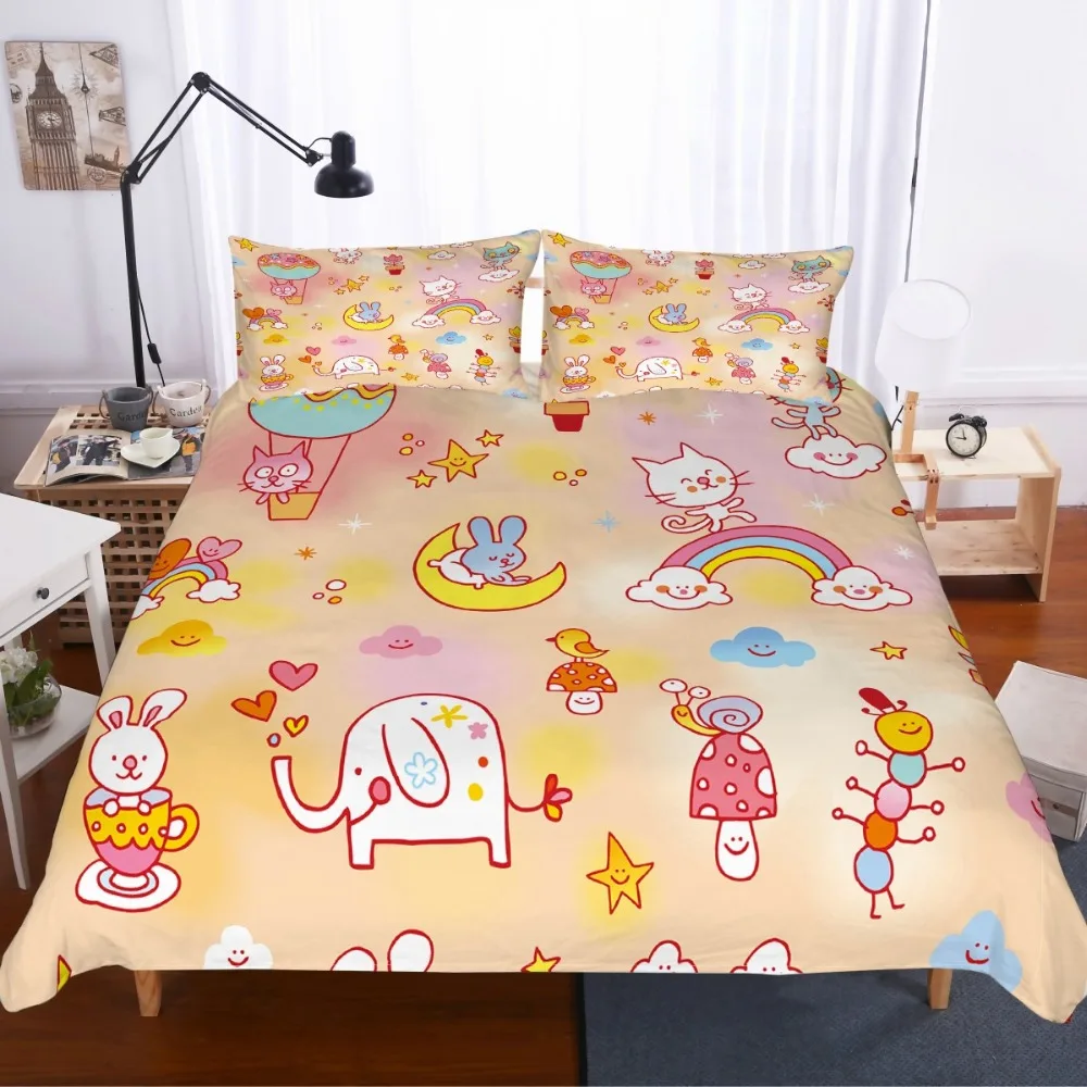 Cartoon Rainbow Kids Microfiber Bedding Set Duvet Cover Set Animals 3D Print Bed Linen Set Pillowcase Twin Full Queen Bedclothes