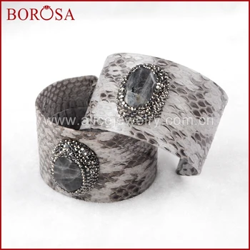 

BOROSA real snakeskin cuff bangle, with a big oval Labradorite stone adjustable bangle soft gems jewelry bangles JAB425