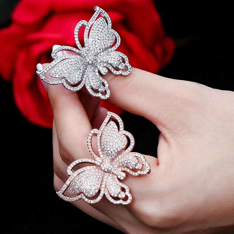 

Luxury Big Butterfly Rings for Women Micro Pave Cubic Zirconia Rose Gold Color Finger Rings Fashion Wedding Engagement Jewelry