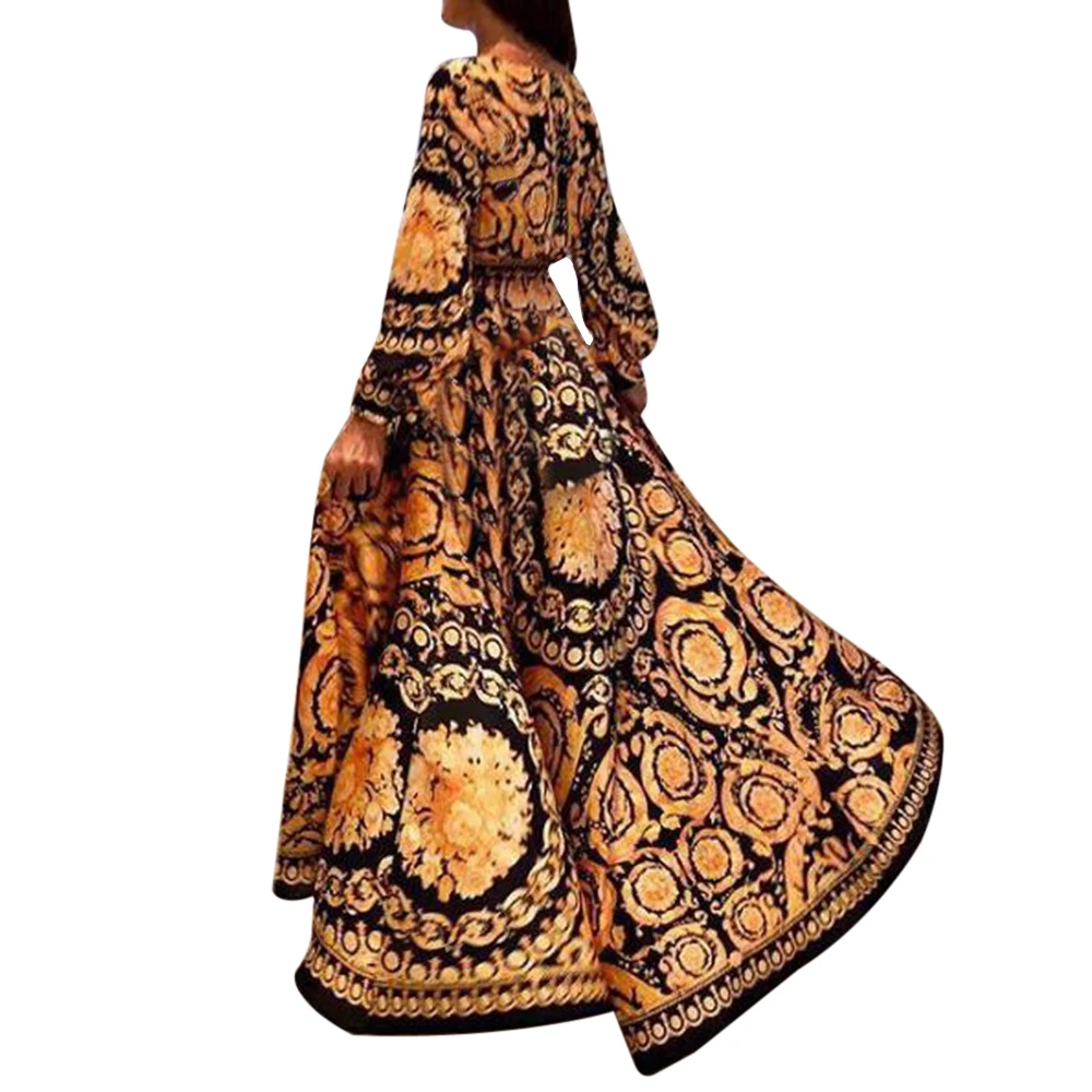 

2019 Women Dresses Vintage Deep V Neck Sexy Boat Neck Glitter Fashion Print Party Beach Dress Formal Long Dress Sexy Clubwear