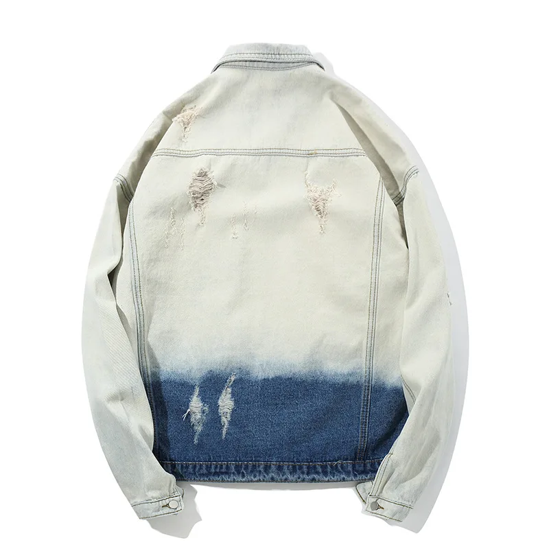 Washed Gradient Color Denim Jacket Man Ripped Frayed Hip Hop Clothing Streetwear Jacket High Street Swag Jeans Men Jackets Washed Gradient Color Denim Jacket Man Ripped Frayed Hip Hop Clothing Streetwear Jacket High Street Swag Jeans Men Jackets