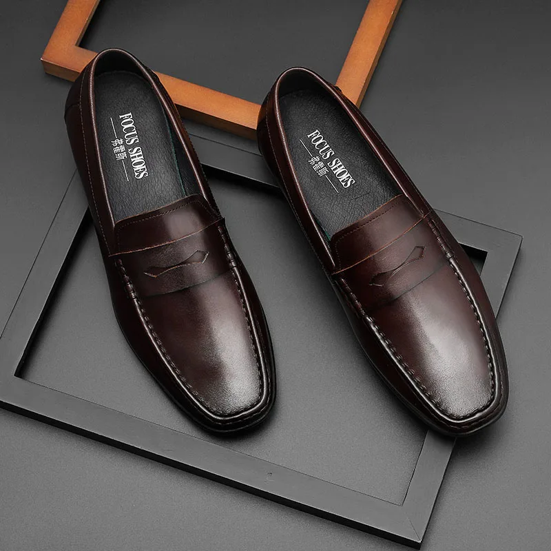 Phenkang Men Leather Summer Casual Shoes Male Sneakers loafer Mens Slip On Coffee Men's Genuine Leather Loafers Driving Shoes