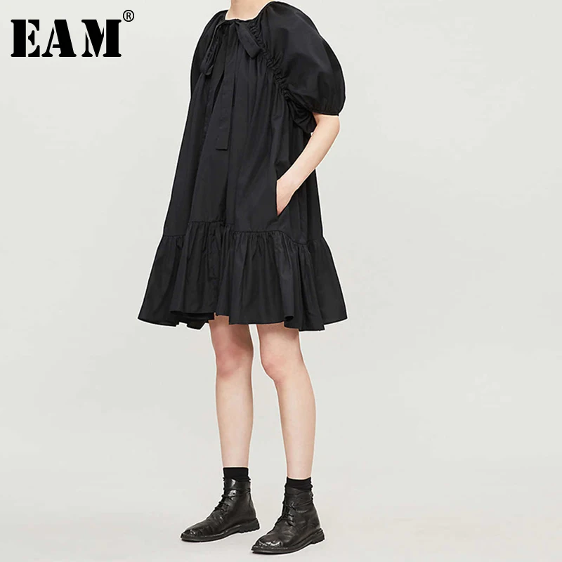 

[EAM] 2019 New Spring Summer Round Neck Short Sleeve Brieef Draped Temperament Loose Big Size Dress Women Fashion Tide JX770