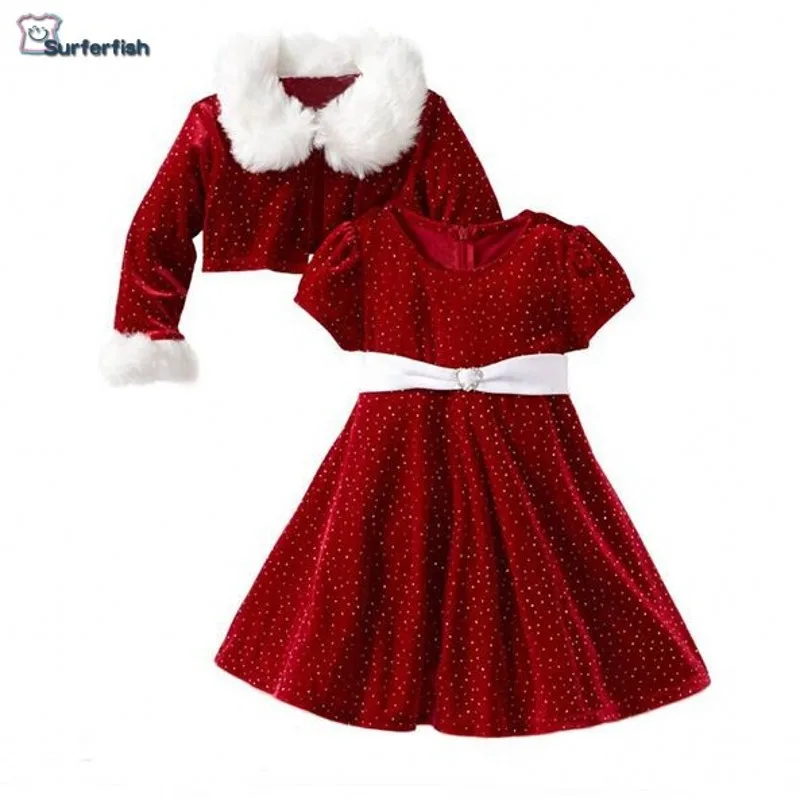 

Surferfish Drop Ship Retail 2019 INS children's wear Christmas 2Piece Set Lovely Girl Vest+ Dress Faux Fur Collar Dot Print
