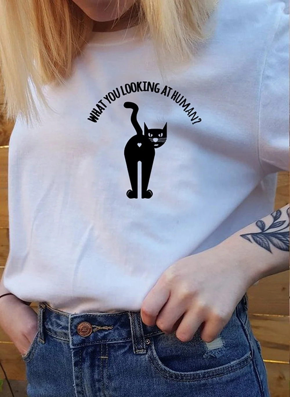 

Fashionshow-JF What You Looking at Human Unisex T-Shirt Cotton Black Cat Street Style Tops Tumblr Tees