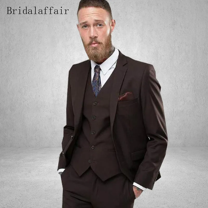 Bridalaffair элегантный коричневый мужской костюм формальный Блейзер сделанный на заказ размер мужские s костюмы на выпускной, свадьбу смокинг жениха пиджак брюки жилет 3 шт