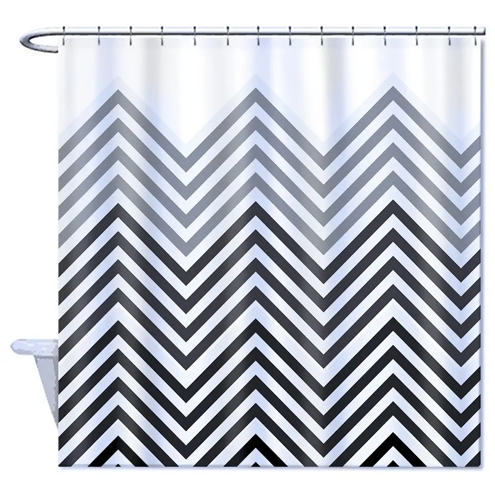 Home Goods Shower Curtain Polyester, Black Grey and White Part Chevron
